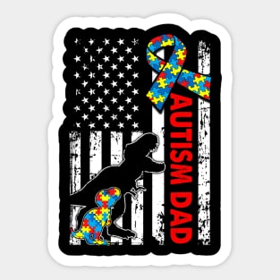 Mens Distressed Dinosaur Autism Dad USA Flag Autism Awareness Sticker